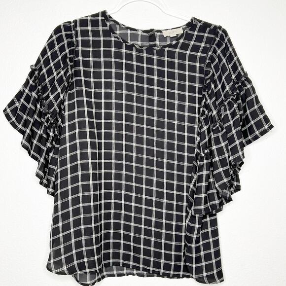 LOFT Ruffle Sleeve Blouse Button Back Windowpane Plaid Black White Size Medium - Picture 3 of 9